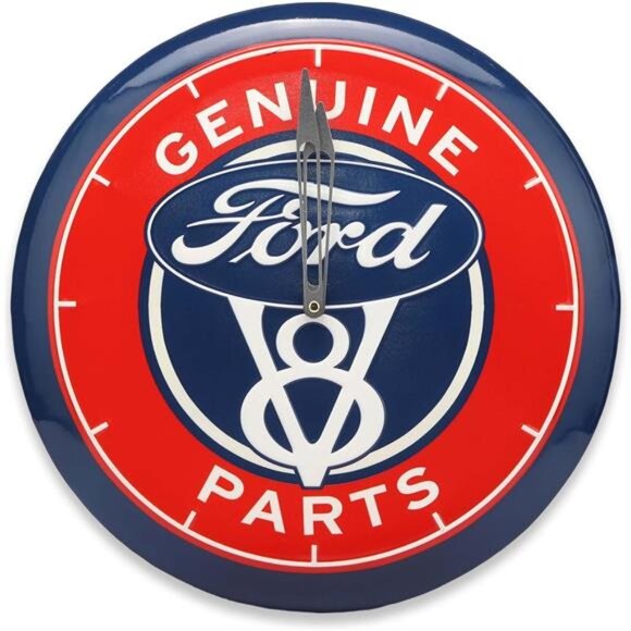 Official Ford V8 Genuine Parts Round Embossed Metal Hanging Wall Clock Collector - Picture 1 of 7
